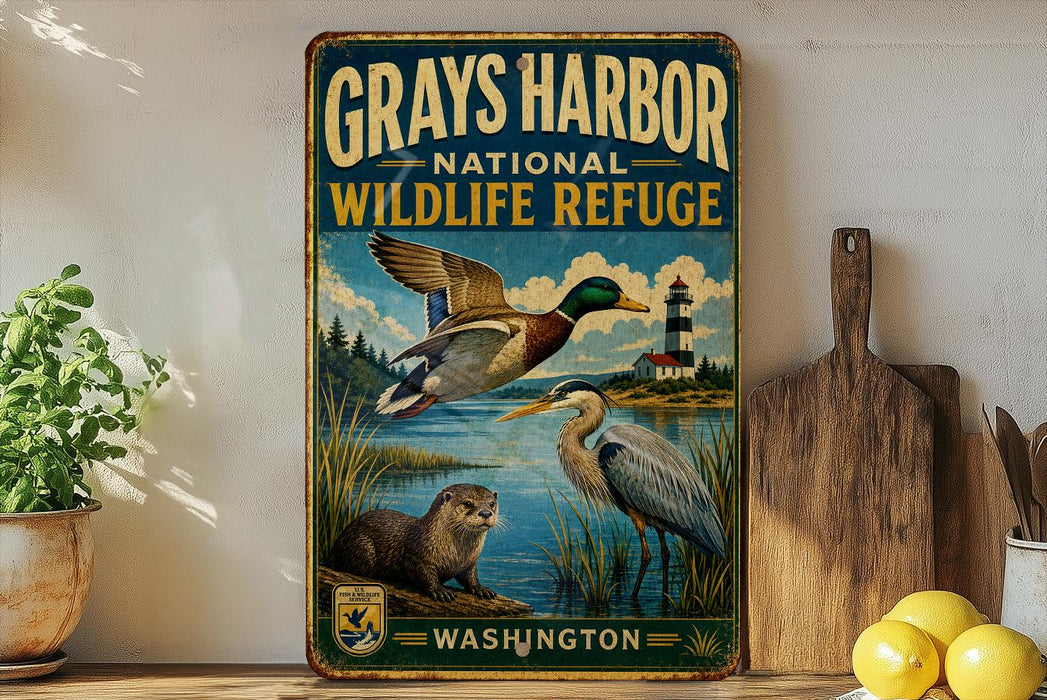 A vintage-style metal sign for the Grays Harbor National Wildlife Refuge in Washington, featuring illustrations of ducks, a heron, and a lighthouse.