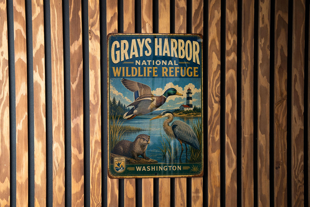 A vintage metal sign for the Grays Harbor National Wildlife Refuge in Washington, featuring illustrations of ducks and other wildlife in a natural setting.