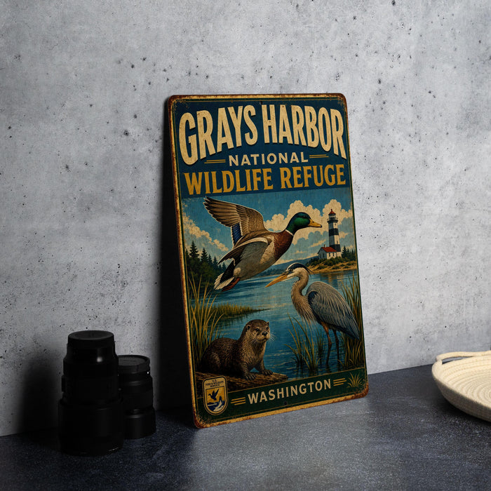 A vintage-style metal sign for the Grays Harbor National Wildlife Refuge in Washington, featuring illustrations of ducks and other wildlife.