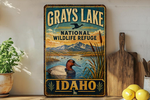 A vintage-style metal sign for the National Wildlife Refuge in Idaho, featuring a duck swimming in a lake and mountains in the background.