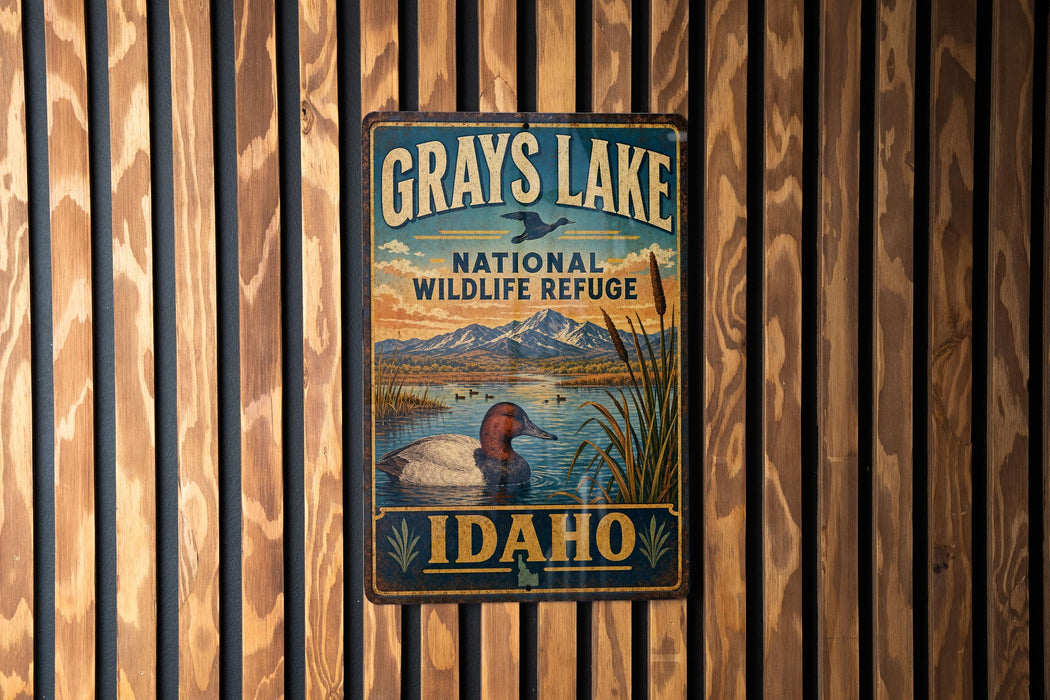 A vintage-style metal sign for the National Wildlife Refuge in Idaho, featuring a duck and a mountain landscape.