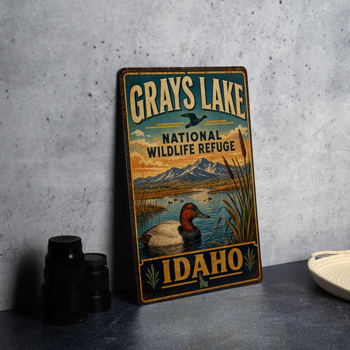 A vintage-style metal sign for the National Wildlife Refuge in Idaho, featuring an illustration of a duck swimming in a lake with mountains in the background.
