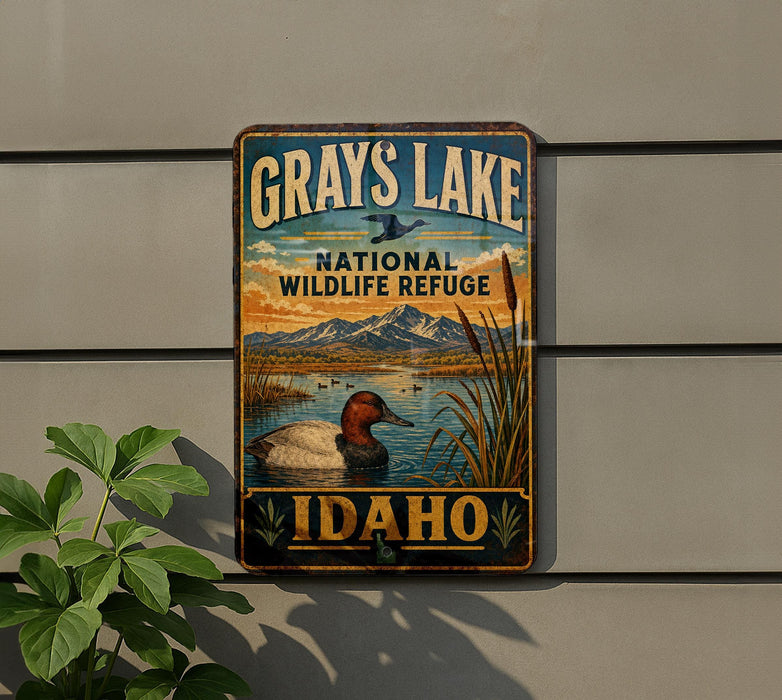 A vintage-style metal sign for the National Wildlife Refuge in Idaho, featuring a duck swimming in a lake and mountains in the background.