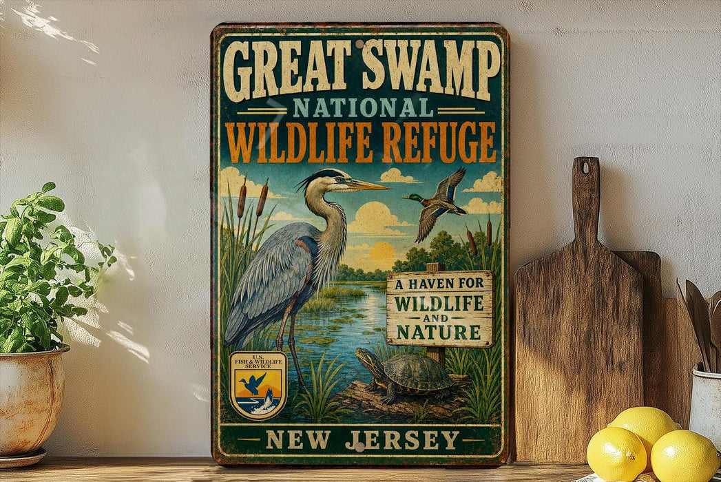 A vintage-style sign for the Great Swamp National Wildlife Refuge in New Jersey, featuring illustrations of birds and wildlife in a natural setting.