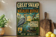 A vintage-style sign for the Great Swamp National Wildlife Refuge in New Jersey, featuring illustrations of birds and wildlife in a natural setting.