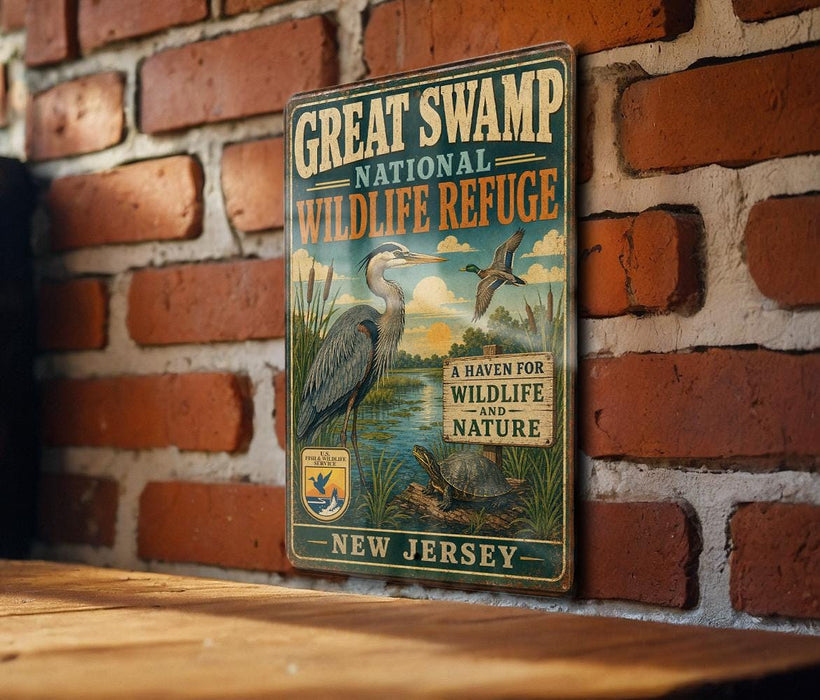 A vintage-style metal sign for the Great Swamp National Wildlife Refuge in New Jersey, featuring illustrations of birds and wildlife.