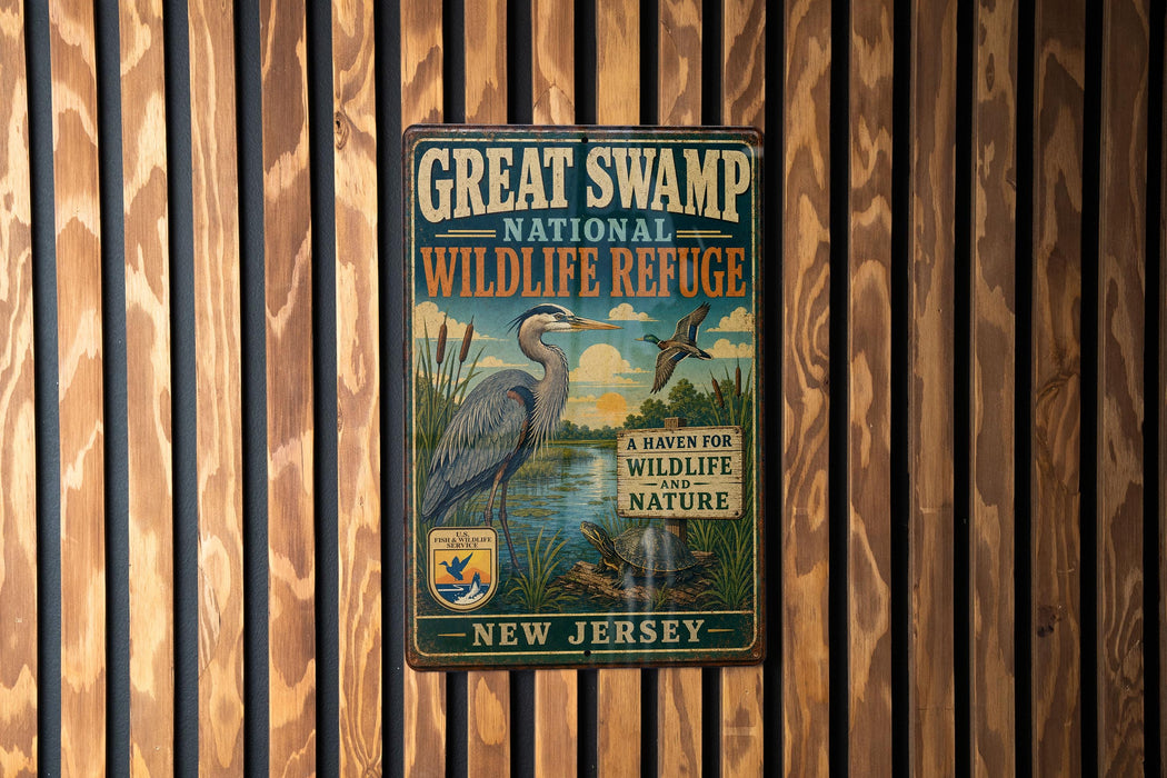 A vintage-style metal sign for the Great Swamp National Wildlife Refuge in New Jersey, featuring an illustration of a bird and a waterway.