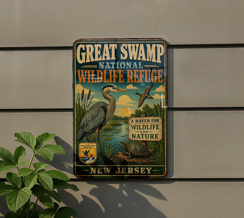 A vintage-style metal sign for the Great Swamp National Wildlife Refuge in New Jersey, featuring illustrations of birds and wildlife in a natural setting.