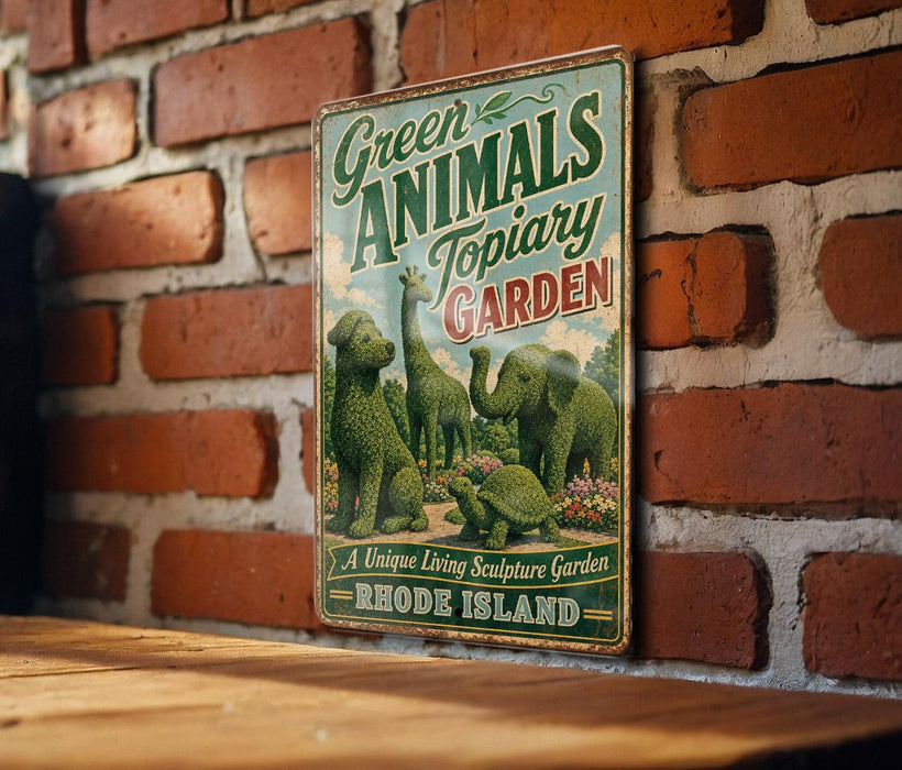 A vintage-style metal sign with the text "Green Animals Topiary Garden" is displayed on a brick wall, featuring a variety of green-covered animals such as a giraffe, dog, and turtle.