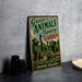 A vintage-style metal sign for the "Green Animals Topiary Garden" on Rhode Island, featuring a collage of various animals and plants.