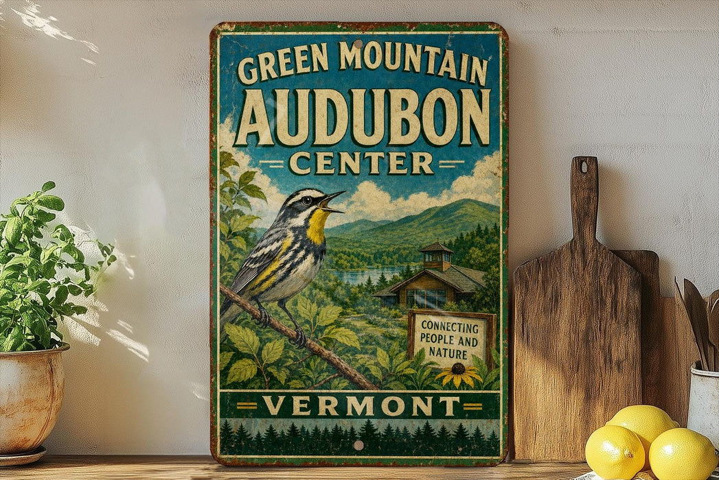 A vintage-style sign for the Green Mountain Audubon Center in Vermont, featuring a colorful illustration of a bird perched on a branch with a scenic landscape in the background.