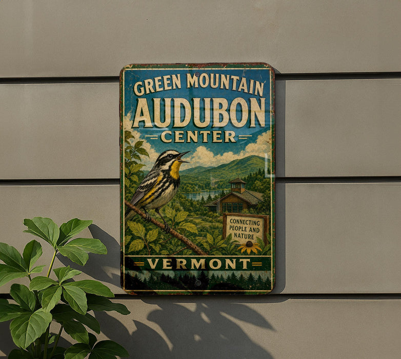 A vintage-style sign for the Green Mountain Audubon Center in Vermont, featuring a bird and a scenic landscape.