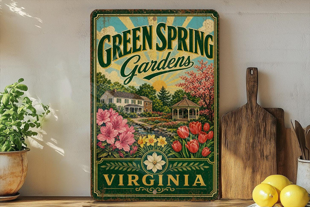 A vintage-style sign for "Green Spring Gardens" in Virginia, featuring a garden scene with flowers, trees, and a gazebo.