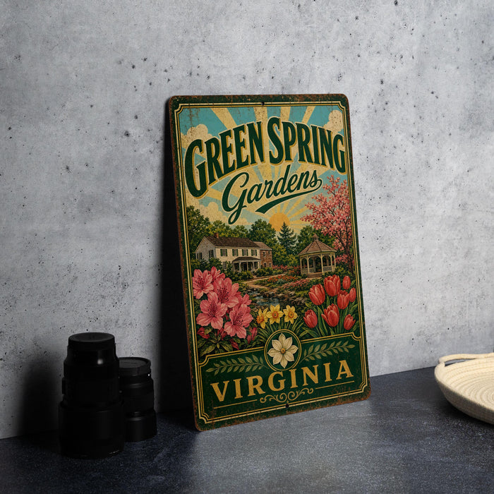 A vintage-style metal sign for "Green Spring Gardens" in Virginia, featuring a garden scene with flowers and a gazebo.