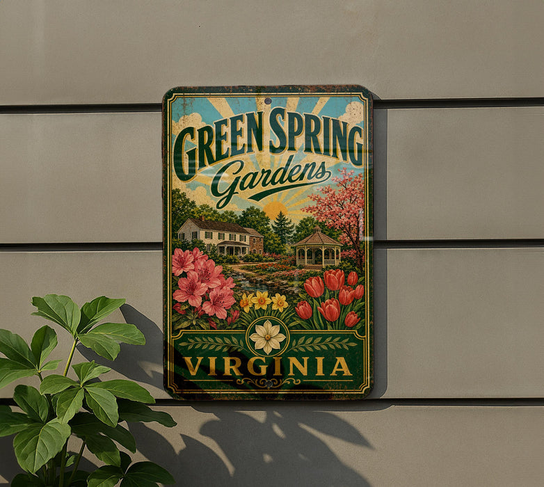 A vintage-style sign for "Green Spring Gardens" in Virginia, featuring a garden scene with flowers and a gazebo.