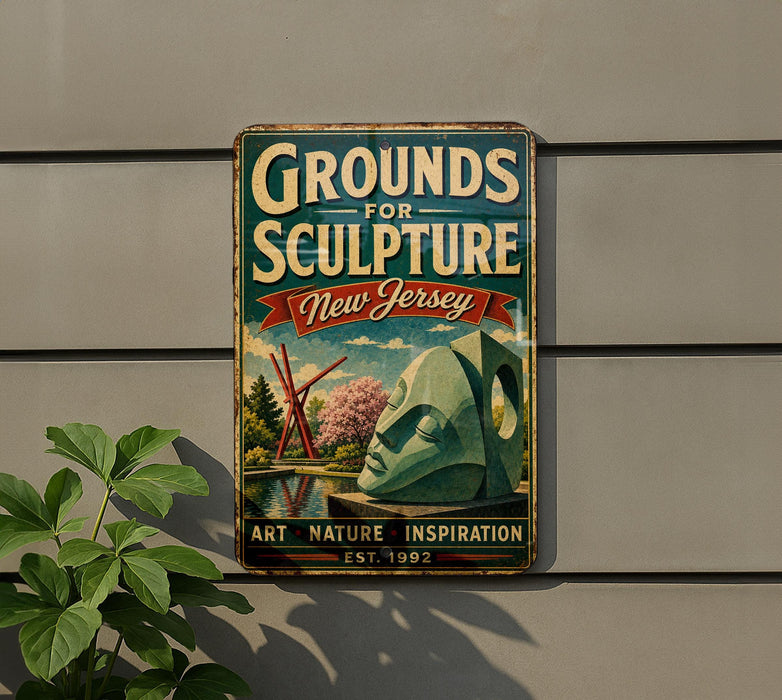 A vintage-style sign for "Grounds for Sculpture New Jersey" is displayed on a wall, featuring a large sculpture and a scenic landscape.