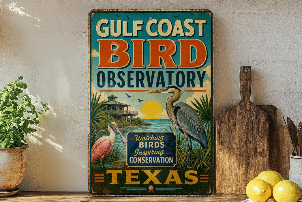 A vintage-style sign for the Gulf Coast Bird Observatory in Texas, featuring illustrations of birds and a tropical landscape.