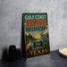 A vintage-style metal sign for the Gulf Coast Bird Observatory in Texas, featuring illustrations of birds and a tropical landscape.