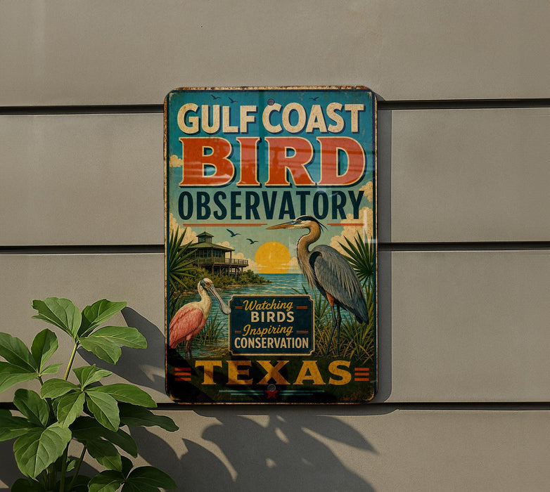 A vintage-style metal sign for the Gulf Coast Bird Observation in Texas, featuring illustrations of birds and a tropical landscape.