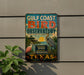 A vintage-style metal sign for the Gulf Coast Bird Observation in Texas, featuring illustrations of birds and a tropical landscape.
