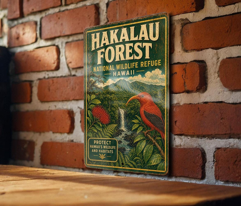 A vintage-style metal sign for the National Wildlife Refuge in Hawaii, featuring an illustration of a red bird perched on a branch with a waterfall in the background.