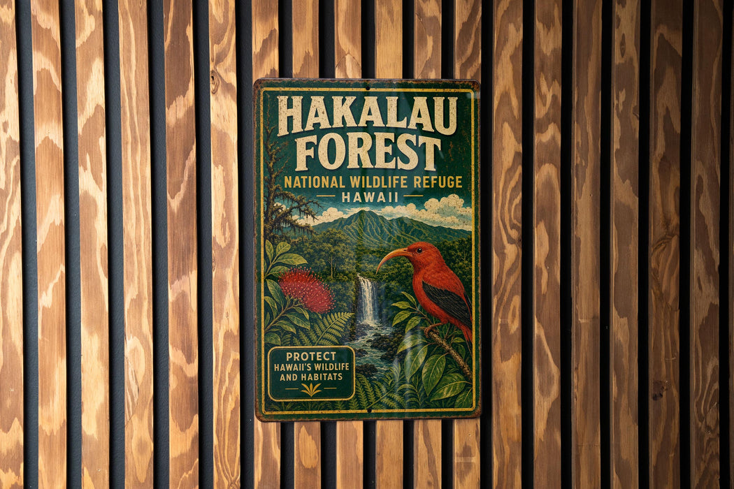 A vintage metal sign for the Hakalau Forest National Wildlife Refuge in Hawaii, featuring an illustration of a bird and lush greenery.
