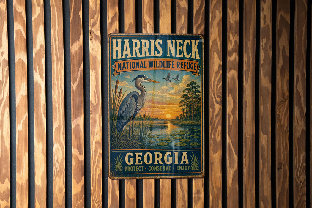 A vintage metal sign for the Harris Neck National Wildlife Refuge in Georgia, featuring a blue heron and a sunset landscape.