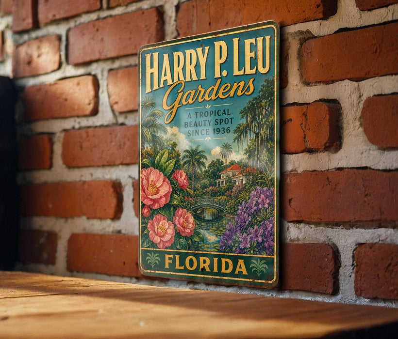 A vintage-style metal sign for "Harry P. Leu Gardens" is displayed on a brick wall, featuring a tropical garden scene with flowers and palm trees.