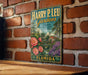 A vintage-style metal sign for "Harry P. Leu Gardens" is displayed on a brick wall, featuring a tropical garden scene with flowers and palm trees.