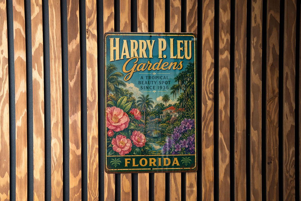 A vintage-style metal sign for "Harry P. Leu Gardens" in Florida, featuring a tropical garden scene with palm trees, flowers, and a bridge.