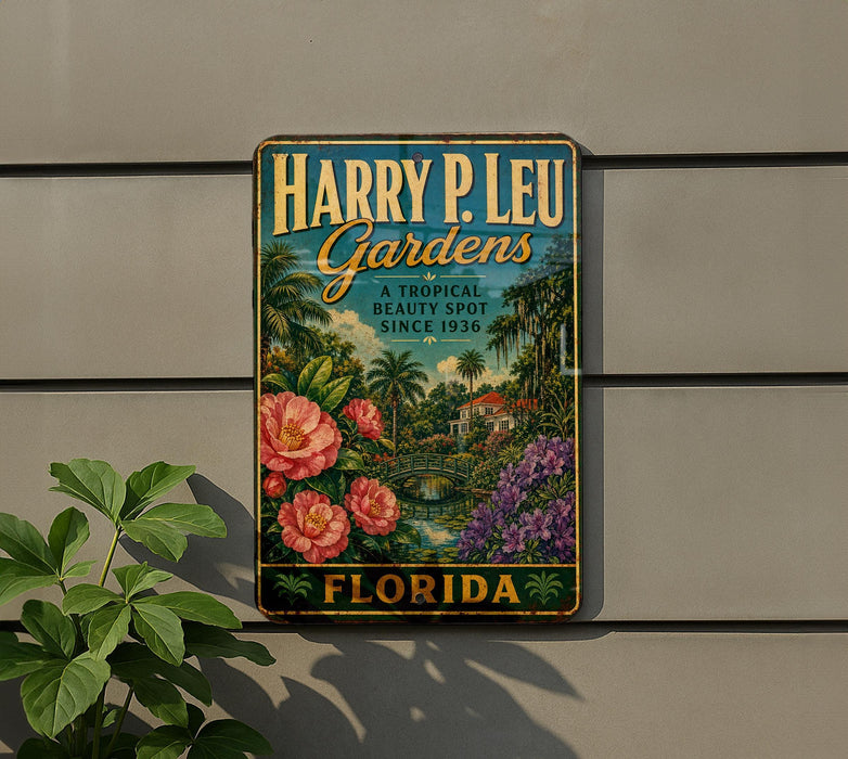 A vintage-style metal sign for Harry P. Leu Gardens, a tropical beauty spot in Florida, featuring a tropical garden scene with palm trees, flowers, and a pond.