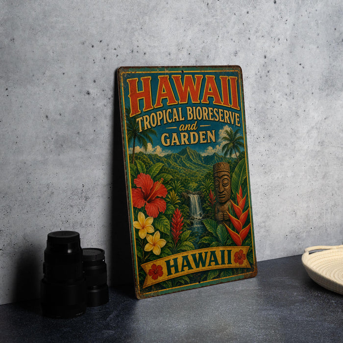 A vintage-style metal sign with the text "HAWAII TROPICAL BIOSERVE AND GARDEN" and a tropical landscape, including a waterfall and a tiki statue, is displayed on a gray countertop.