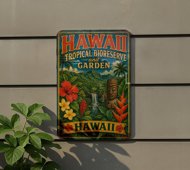 A vintage-style metal sign with the text "Hawaii Tropical Bioreserve and Garden" displayed on a wall, surrounded by tropical plants and flowers.