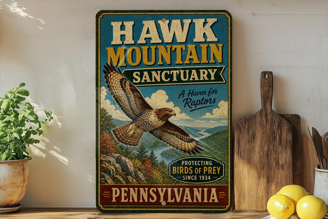 A vintage-style metal sign for the Hawk Mountain Sanctuary in Pennsylvania, featuring an illustration of a hawk in flight and text promoting the sanctuary as a haven for raptors.