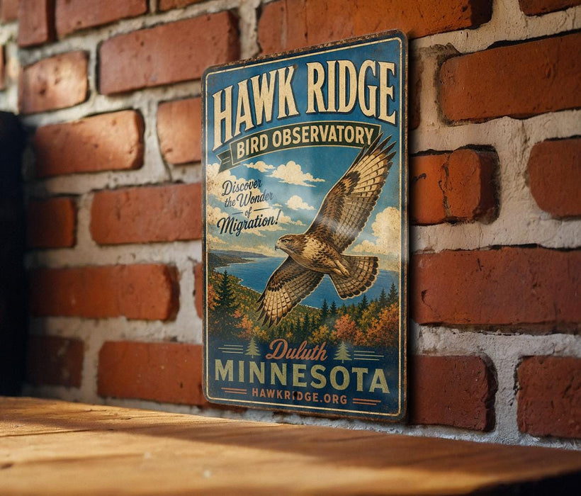 A vintage metal sign for the Hawk Ridge Bird Observatory in Duluth, Minnesota, featuring an illustration of a hawk in flight and the text "Discover the Wonder of Migration".