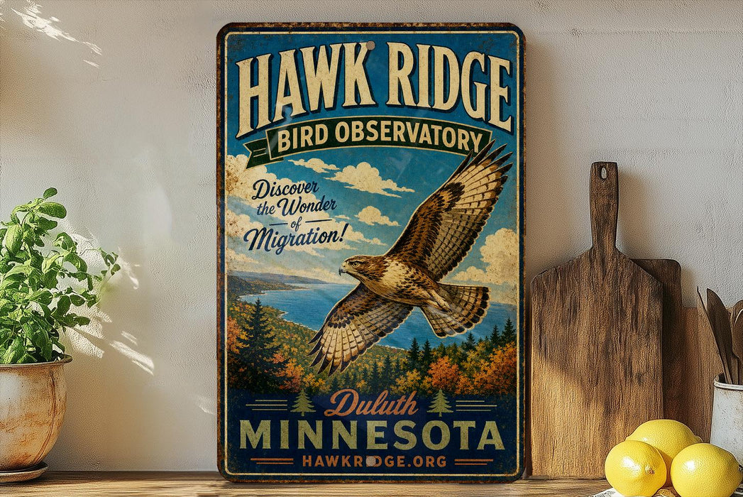 A vintage-style metal sign for Hawk Ridge Bird Observatory in Duluth, Minnesota, featuring an illustration of a hawk in flight against a scenic landscape.