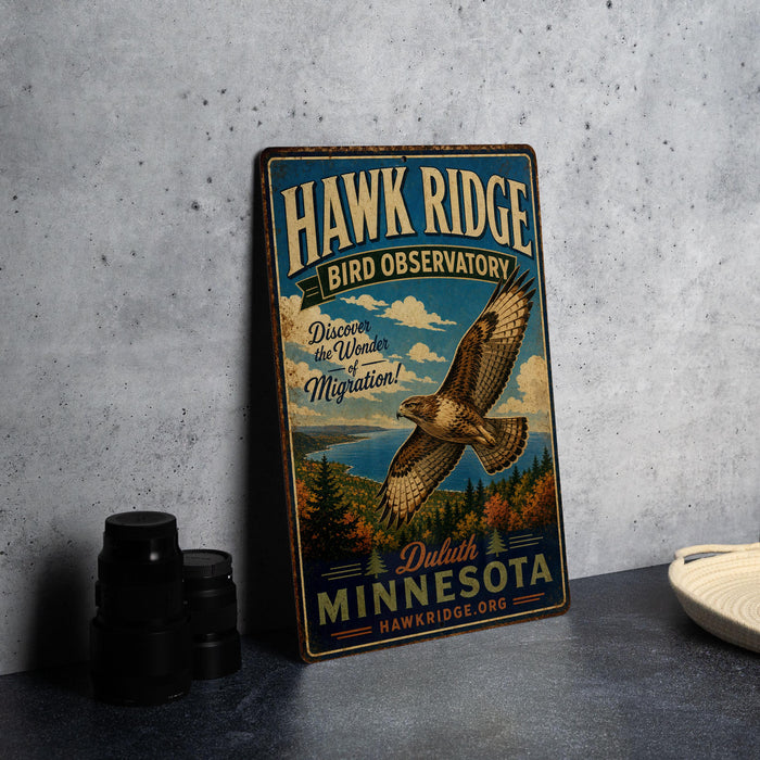 A vintage metal sign for the Hawk Ridge Bird Observatory in Duluth, Minnesota, featuring an illustration of a hawk in flight and the text "Discover the Wonders of Migration!"