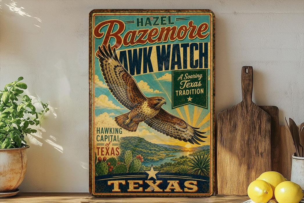 A vintage-style poster advertising the "Hawking Capital of Texas" with a hawk in flight, surrounded by a desert landscape and cacti.