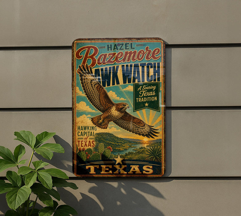 A vintage-style metal sign advertising the "Hazel Bazemore Hawk Watch" in Texas, featuring an illustration of a hawk in flight.
