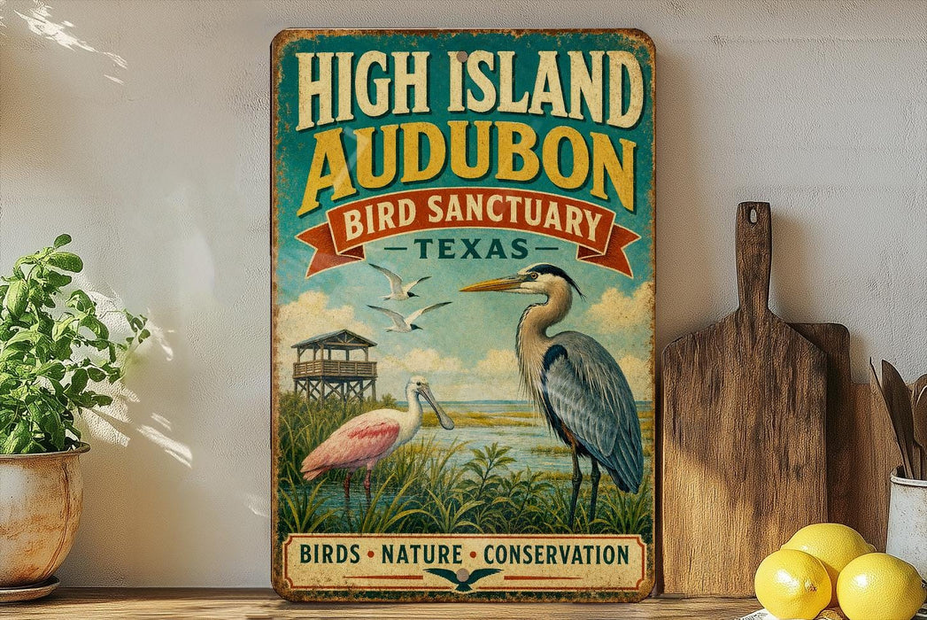 a vintage-style sign for the High Island Audubon Bird Sanctuary in Texas, with illustrations of various bird species and a serene landscape.