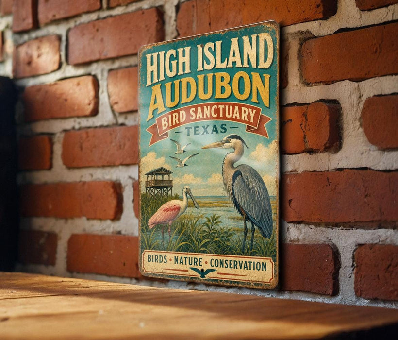A vintage-style sign for the High Island Audubon Bird Sanctuary in Texas, featuring illustrations of birds and a seagull.