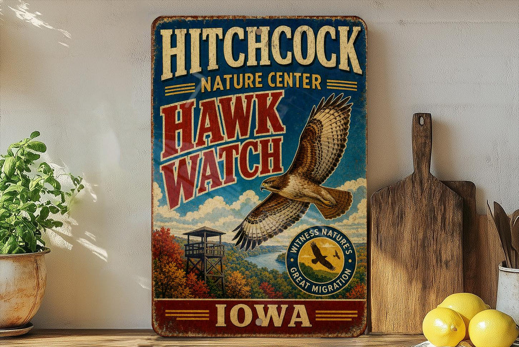 A vintage-style metal sign for the Hitchcock Nature Center in Iowa, featuring an illustration of a hawk in flight and a scenic landscape.