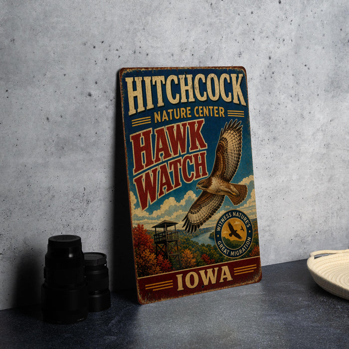A vintage metal sign for the Hitchcock Nature Center in Iowa, featuring an illustration of a hawk in flight.