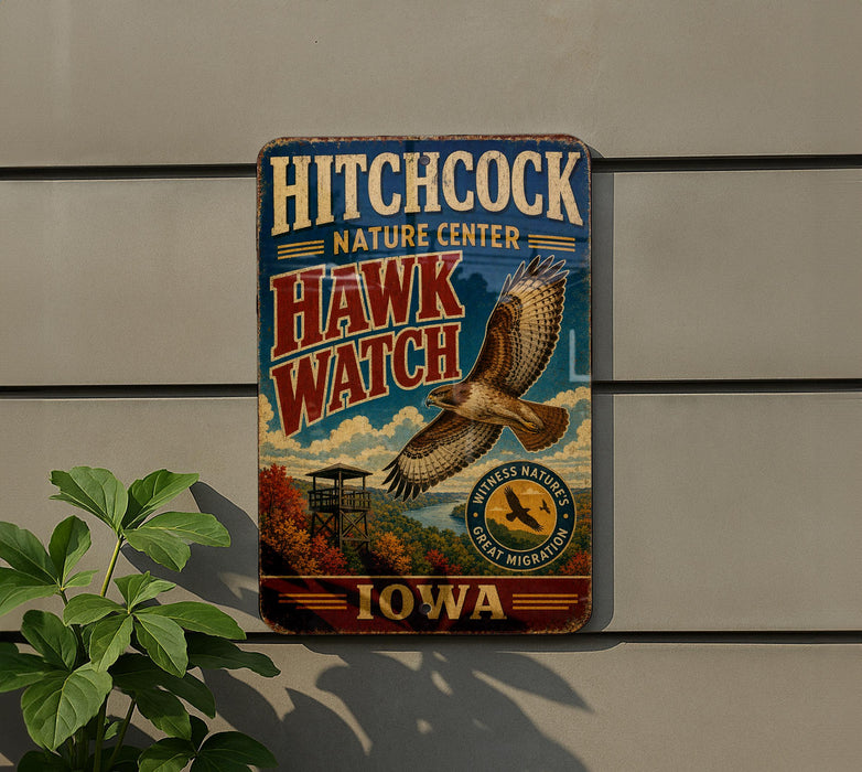 A vintage metal sign for the Hitchcock Nature Center in Iowa, featuring an illustration of a hawk in flight and a scenic landscape.