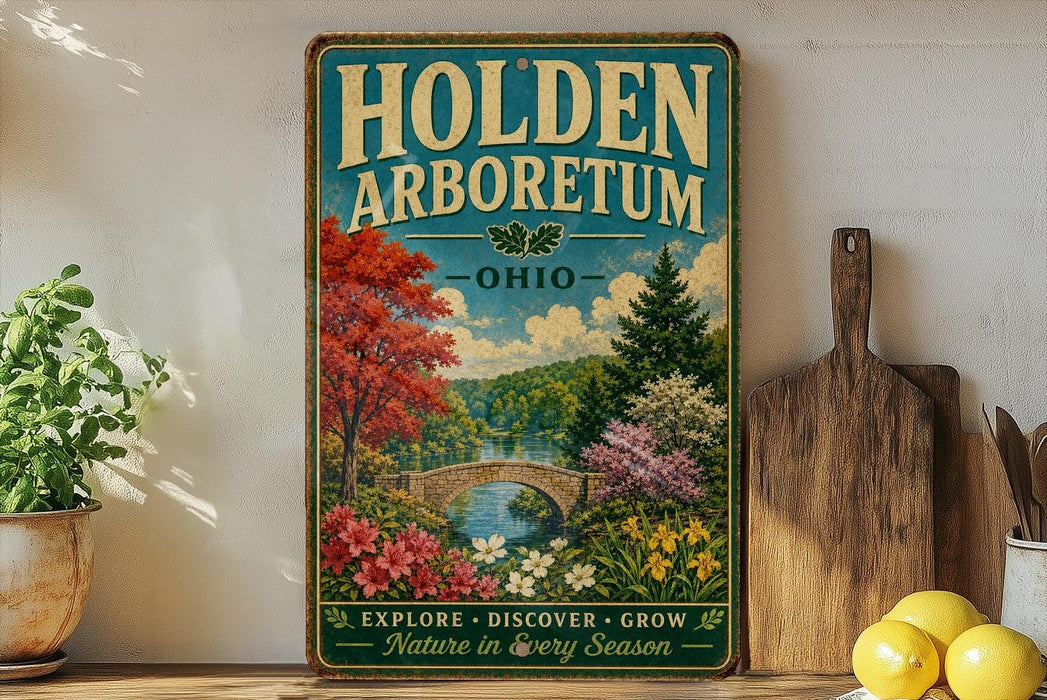 A vintage-style sign for the Holden Arboretum in Ohio, featuring a scenic landscape with a bridge, trees, and flowers.