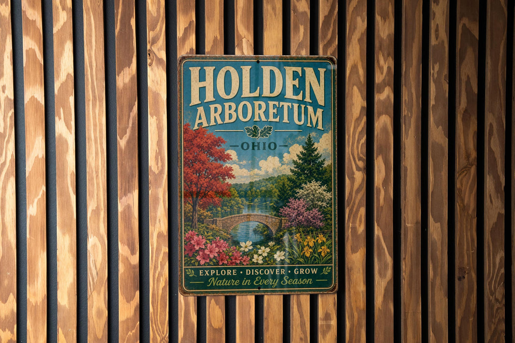 A vintage-style metal sign for the Holden Arboretum in Ohio, featuring a scenic landscape with trees, flowers, and a bridge.