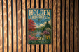 A vintage-style metal sign for the Holden Arboretum in Ohio, featuring a scenic landscape with trees, flowers, and a bridge.