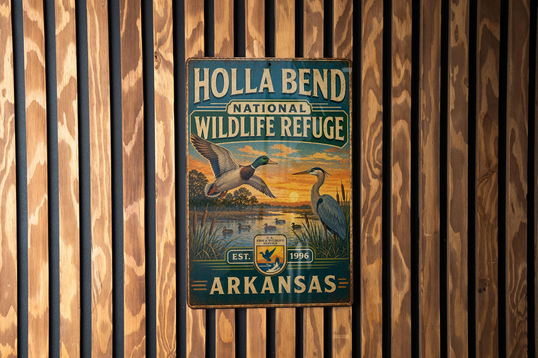 A vintage metal sign for Holla Bend National Wildlife Refuge in Arkansas, featuring an illustration of ducks and a sunset landscape.
