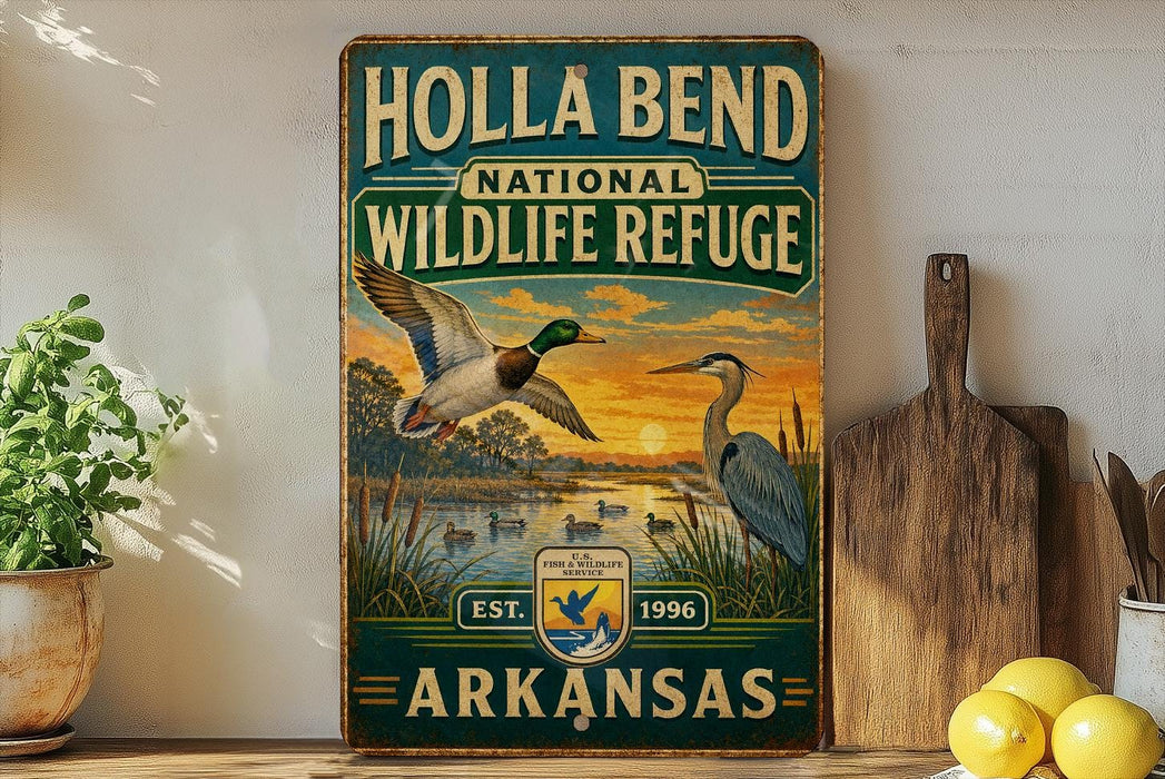 A vintage-style metal sign for Holla Bend National Wildlife Refuge in Arkansas, featuring illustrations of ducks and a sunset landscape.