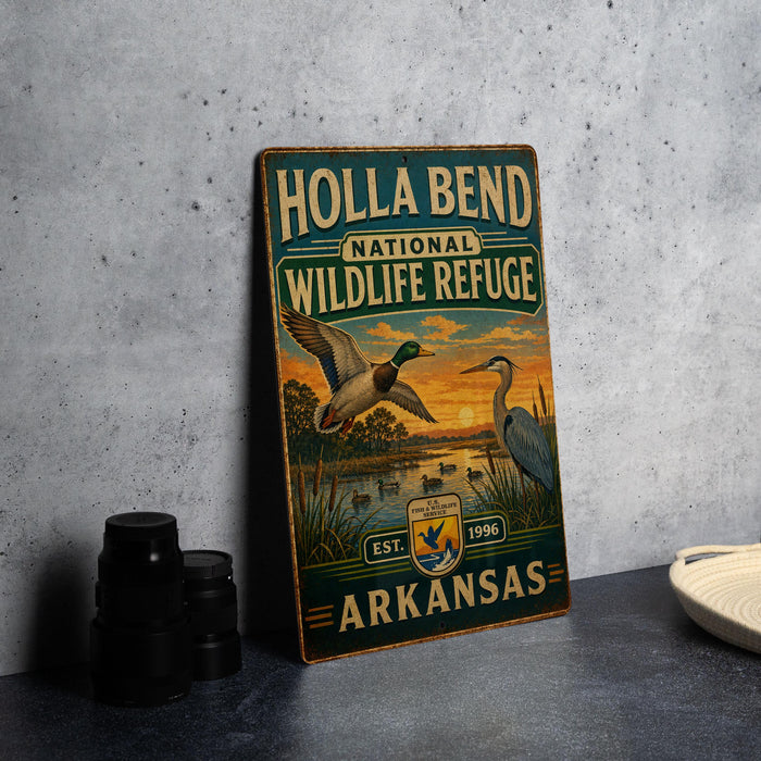 A vintage-style metal sign for Holla Bend National Wildlife Refuge in Arkansas, featuring an illustration of ducks and other wildlife.